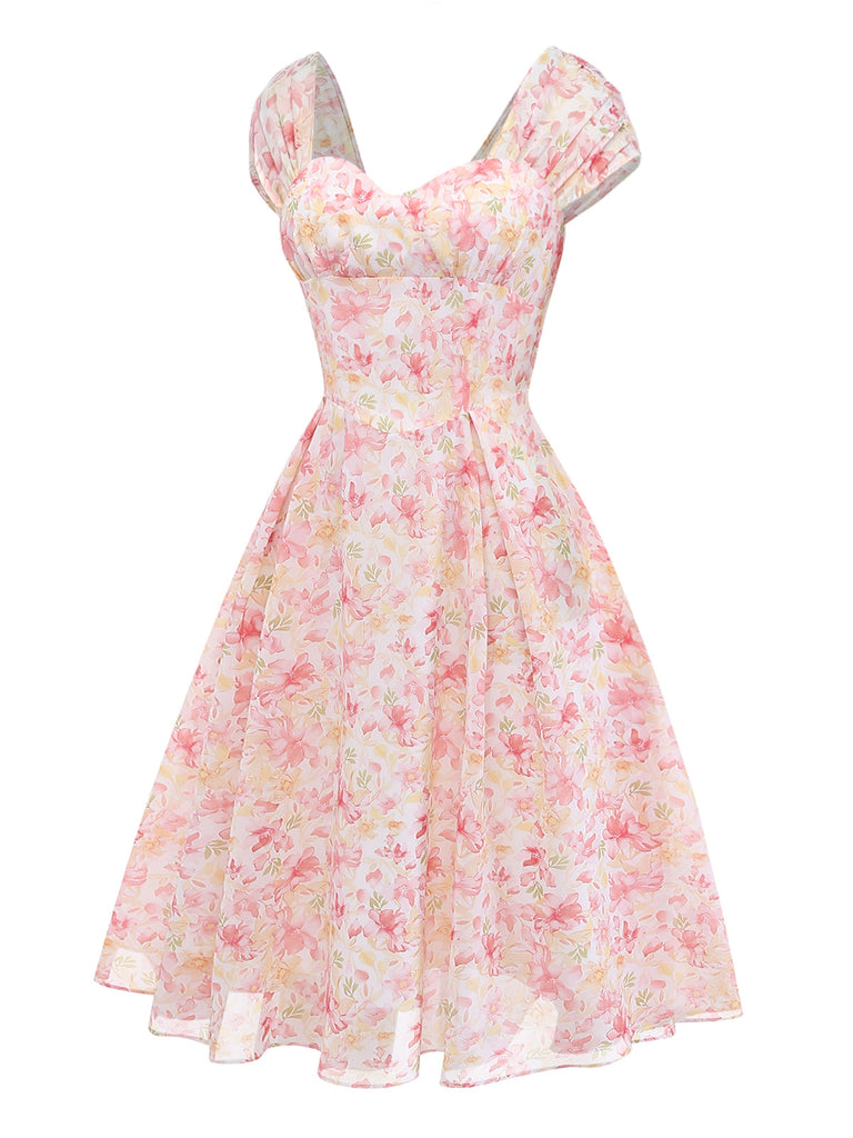[Pre-Sale] Pink 1950s Floral Chiffon Bow Dress 4