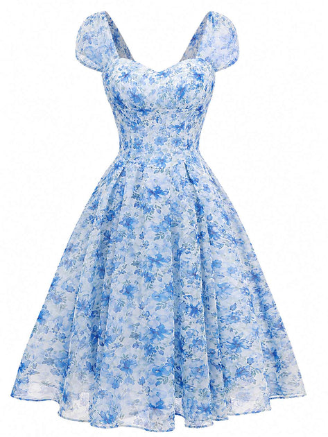 Blue 1950s Puff Sleeve Sweetheart Neck Floral Swing Dress
