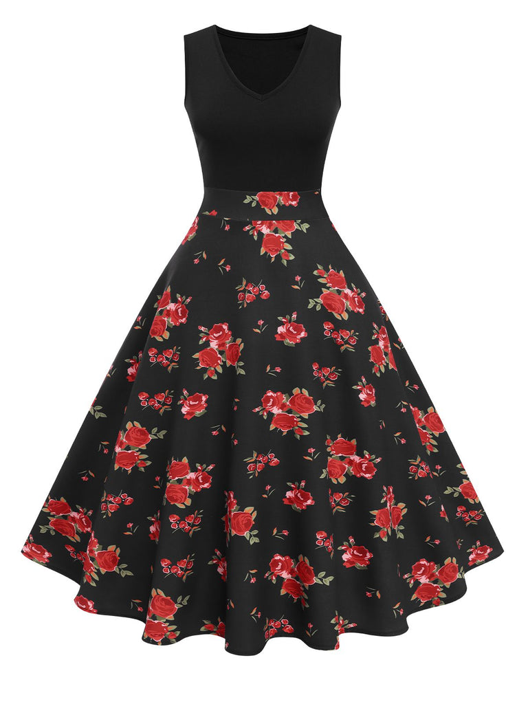 Black 1950s Floral Swing Dress Black 1950s Floral Swing Dress