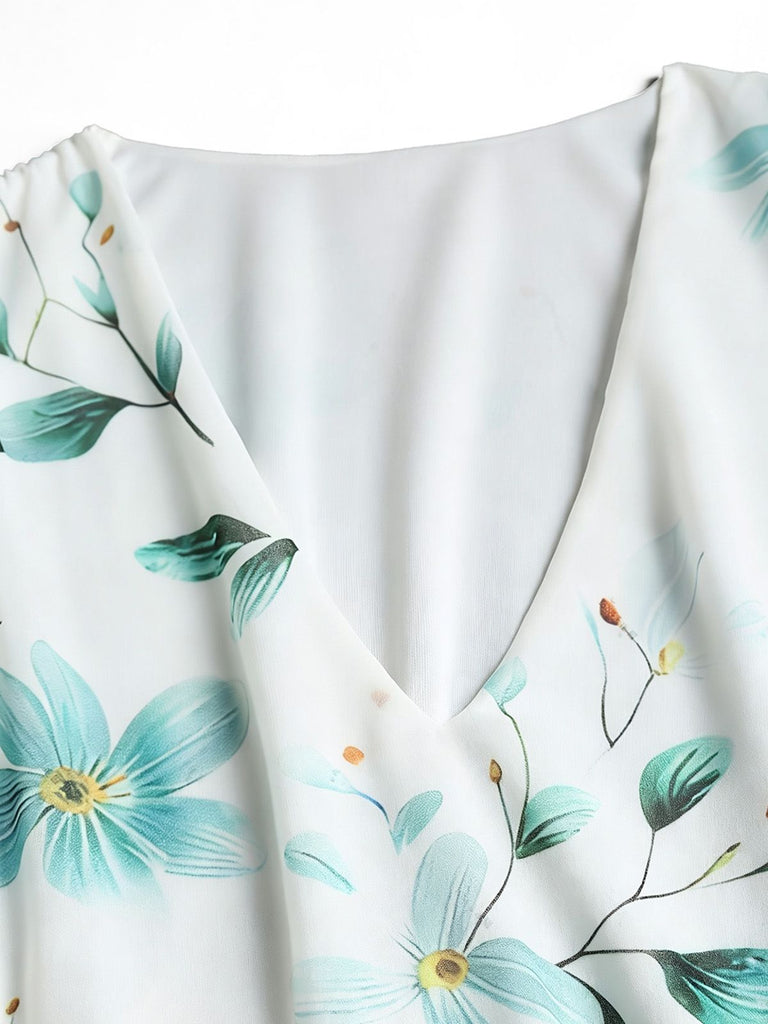 [Plus Size] 1950s Floral V-Neck A-Line Chiffon Dress, vintage dress, retro fashion, rockabilly, pin-up fashion - perfect for women who love vintage and retro fashion