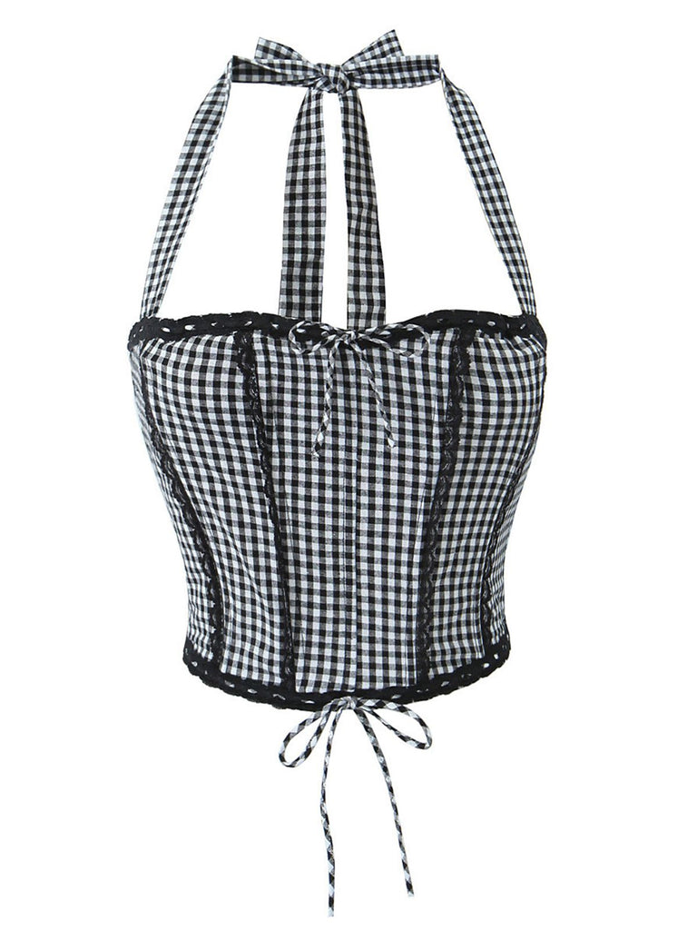She pairs this 1950s Gingham Plaid Lace-Up Halter Crop Camisole with confidence and 1950s charm