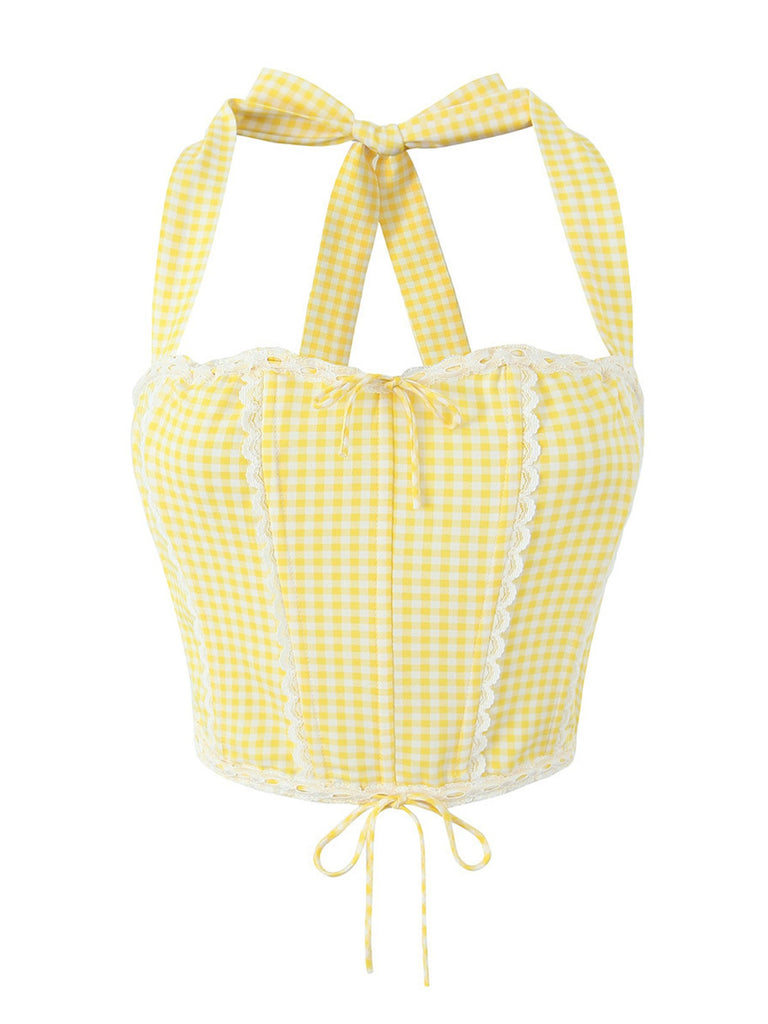 This 1950s Gingham Plaid Lace-Up Halter Crop Camisole brings 1950s soul to her everyday