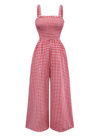 1950s Gingham Plaid Smocked Strap Jumpsuit - vintage jumpsuit, retro fashion