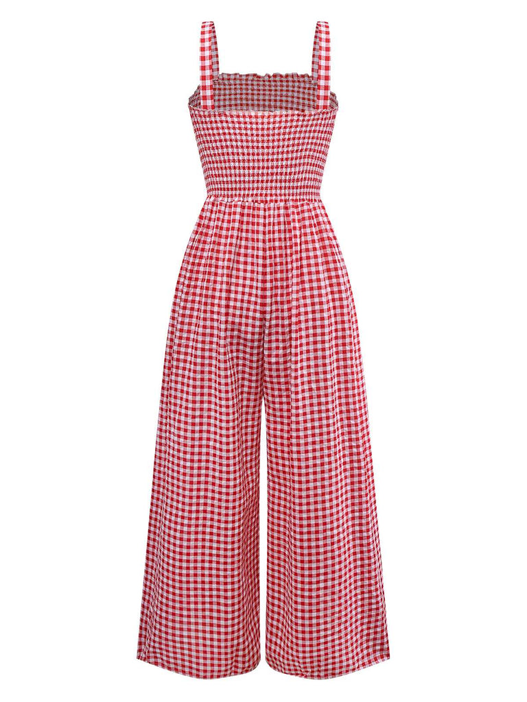1950s Gingham Plaid Smocked Strap Jumpsuit - vintage jumpsuit, retro fashion
