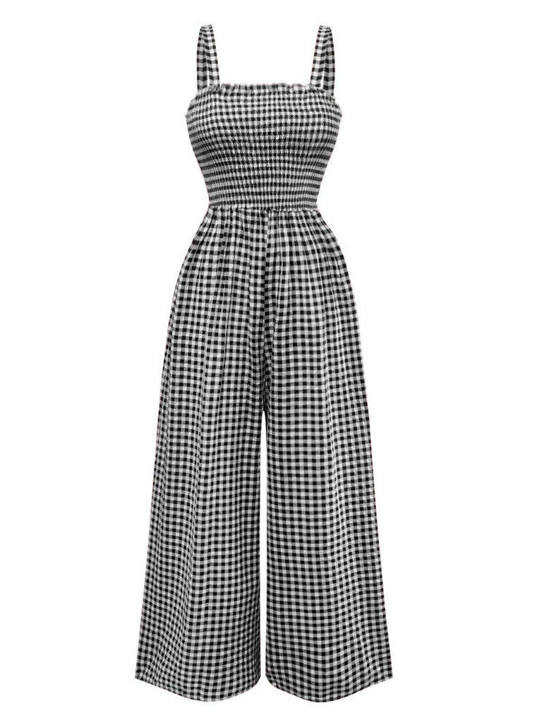 1950s Gingham Plaid Smocked Strap Jumpsuit - vintage jumpsuit, retro fashion