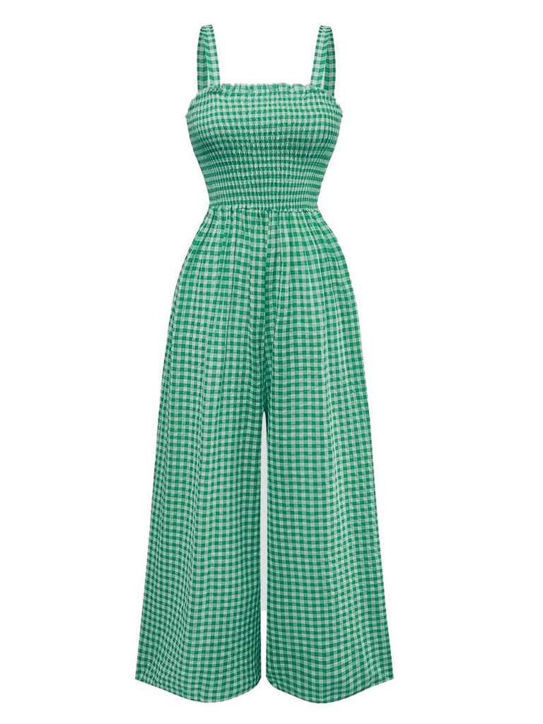 1950s Gingham Plaid Smocked Strap Jumpsuit - vintage jumpsuit, retro fashion