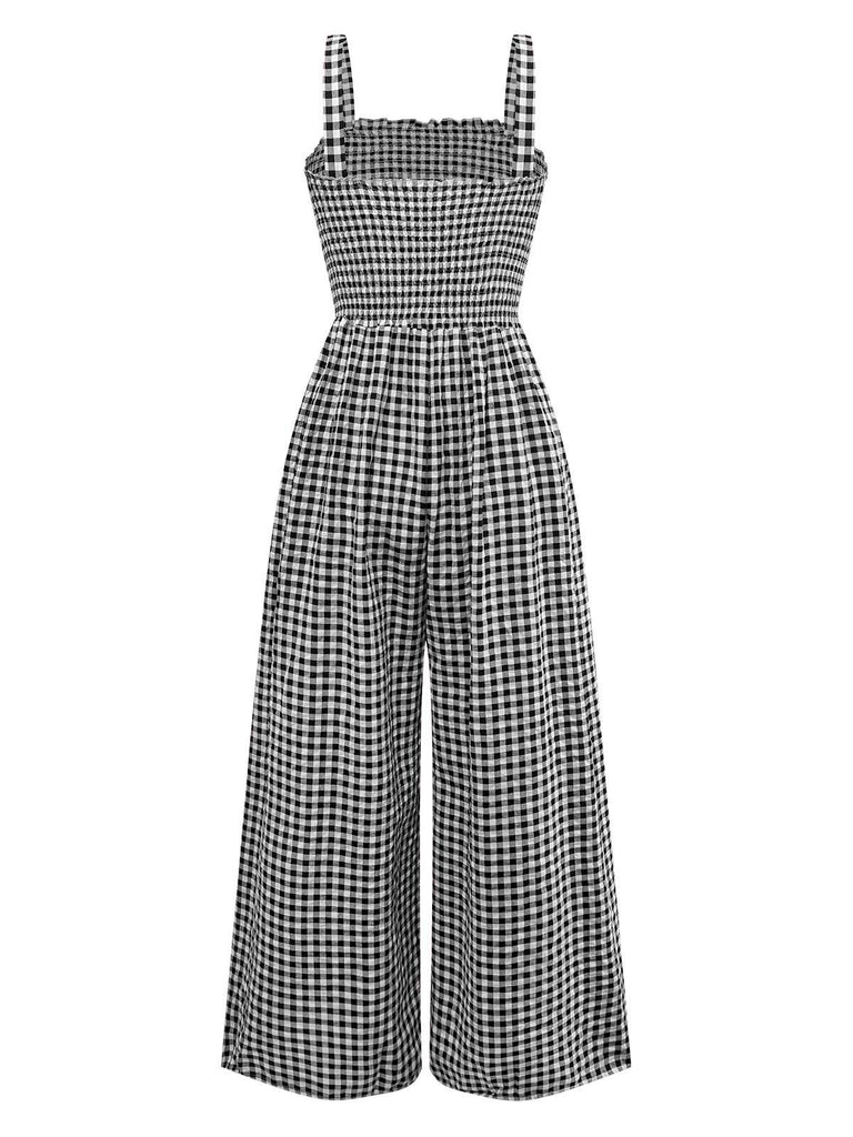 1950s Gingham Plaid Smocked Strap Jumpsuit - vintage jumpsuit, retro fashion