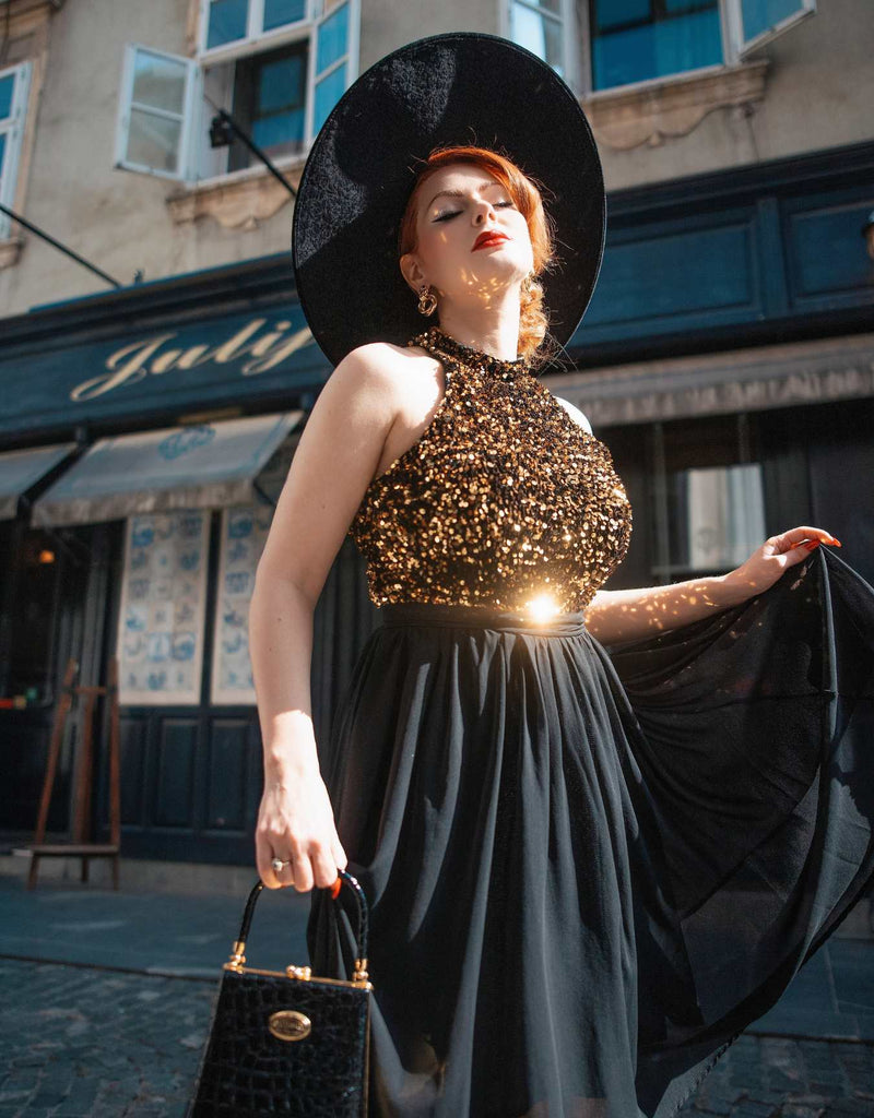 Black 1950s Gold Glitter Patchwork Dress | Retro Stage Black 1950s Gold Glitter Patchwork Dress | Retro Stage