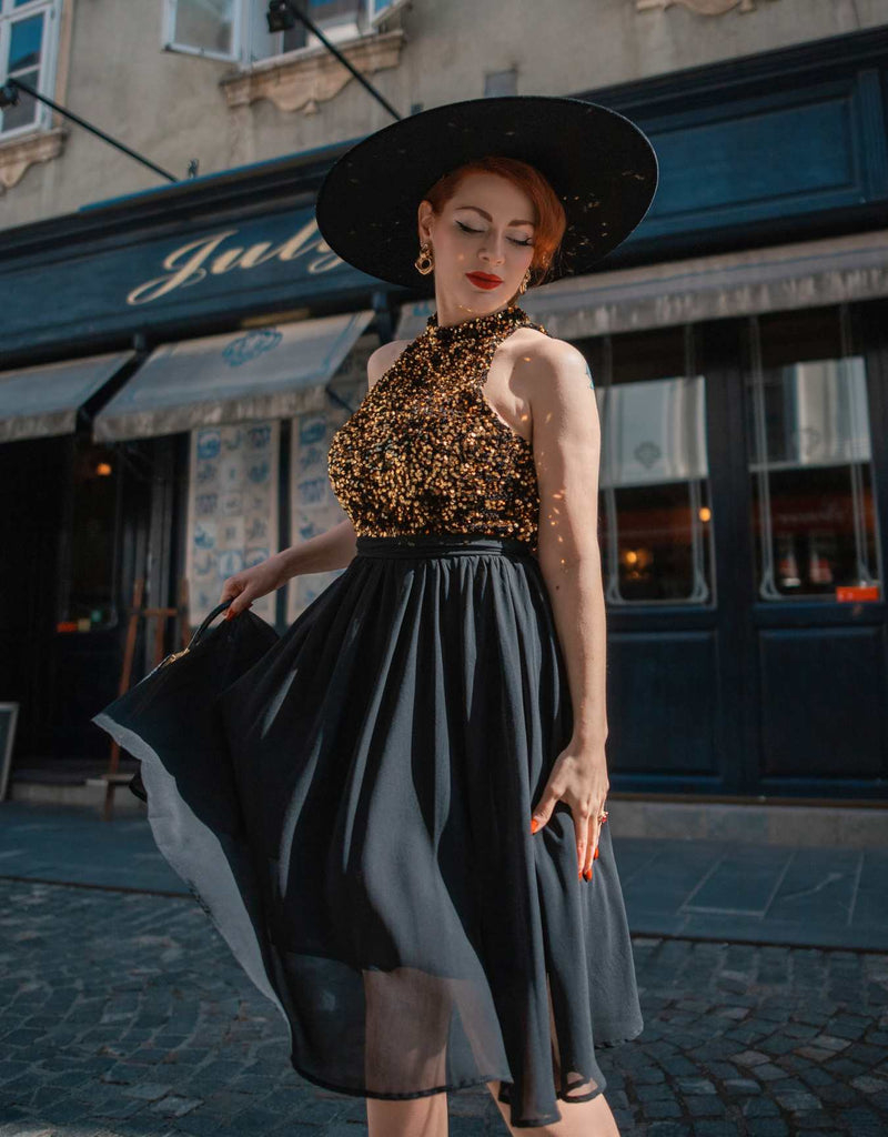 Black 1950s Gold Glitter Patchwork Dress | Retro Stage Black 1950s Gold Glitter Patchwork Dress | Retro Stage