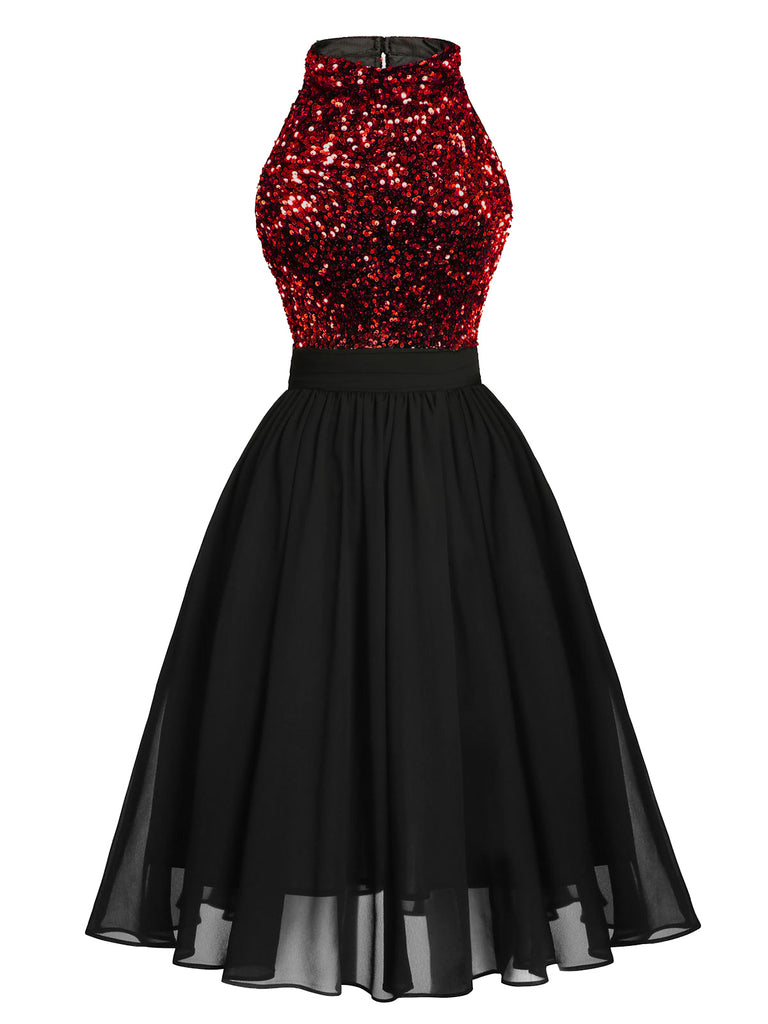 Retro Stage 1950s Gold Glitter Patchwork Midi Dress Black,S Retro Stage 1950s Gold Glitter Patchwork Midi Dress Black,S