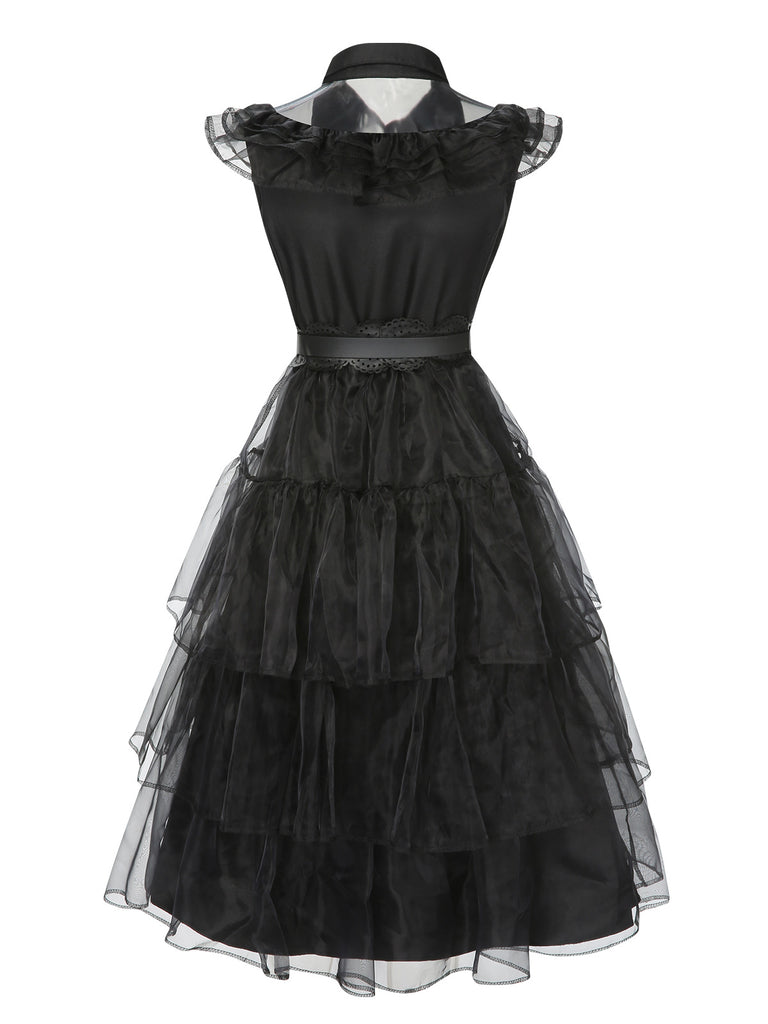 Halloween Costume Wednesday Black Gothic Mesh Ruffle Trim Sleeveless Layered Hem Dress Halloween Costume Wednesday Black Gothic Mesh Ruffle Trim Sleeveless Layered Hem Dress