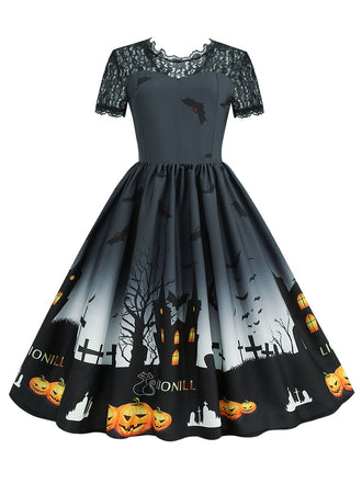 She slips into this 1950s Halloween Lace Patchwork Short Sleeves Dress and suddenly it's a 1950s daydream