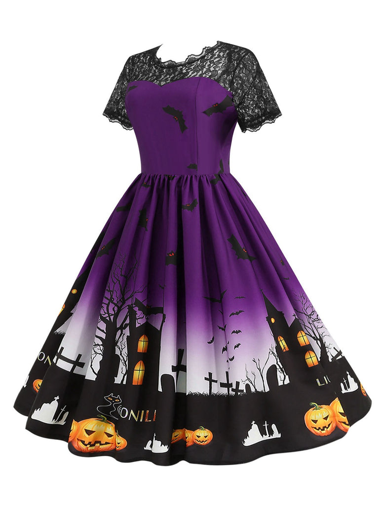 This 1950s Halloween Lace Patchwork Short Sleeves Dress wraps her in 1950s elegance, one twirl at a time