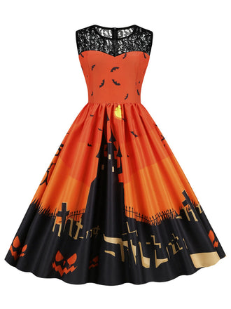 She slips into this 1950s Halloween Lace Patchwork Sleeveless Dress and suddenly it's a 1950s daydream