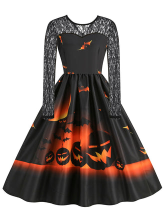 She slips into this 1950s Halloween Lace Sleeves Patchwork Dress and suddenly it's a 1950s daydream