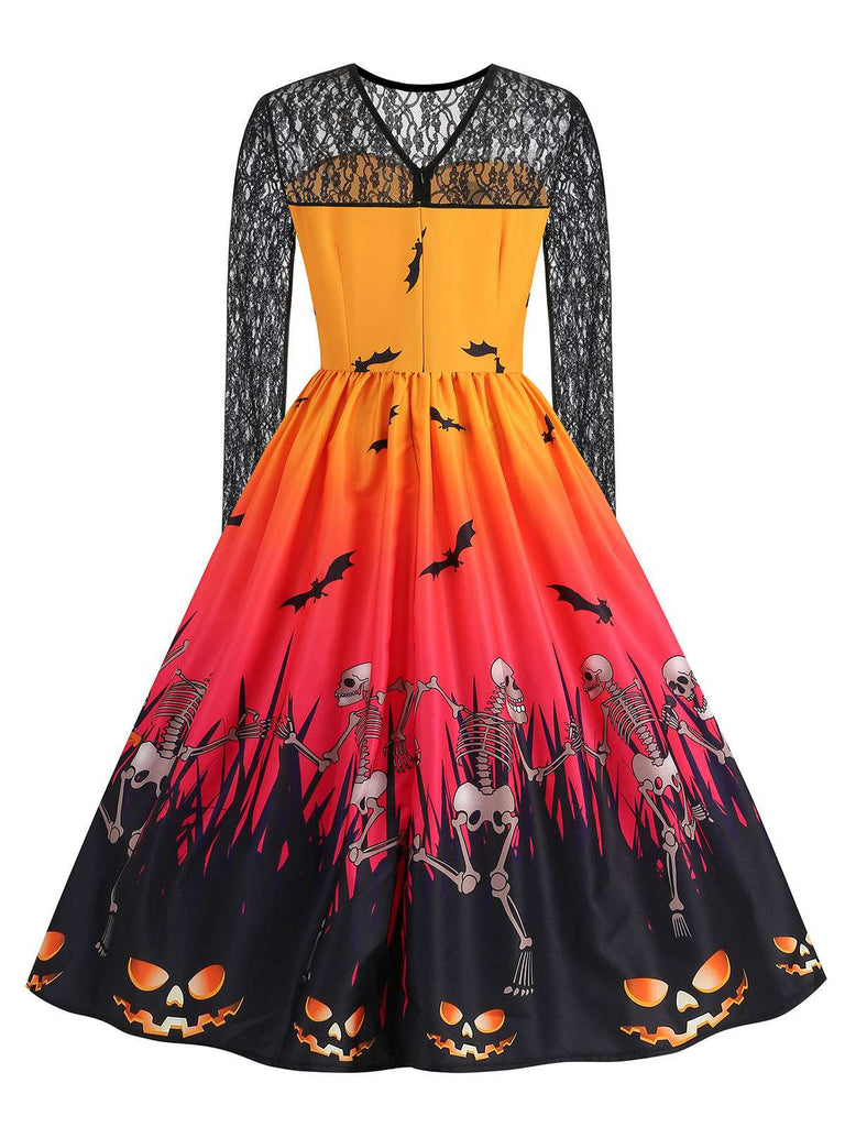 She slips into this 1950s Halloween Lace Sleeves Patchwork Dress and suddenly it's a 1950s daydream