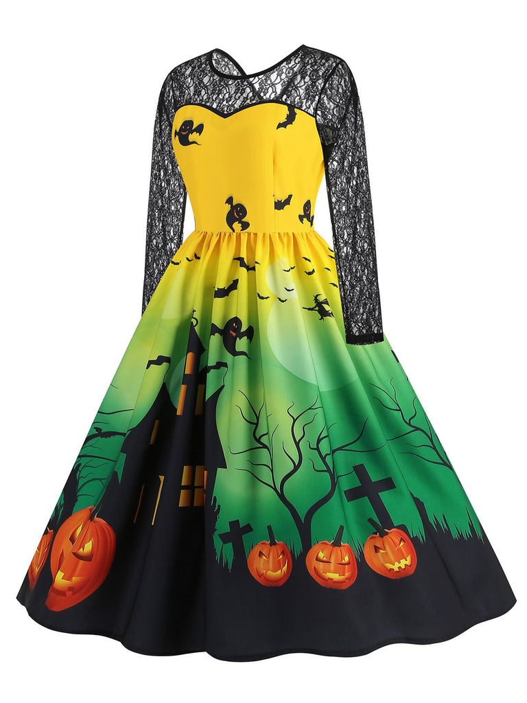 This 1950s Halloween Lace Sleeves Patchwork Dress wraps her in 1950s elegance, one twirl at a time