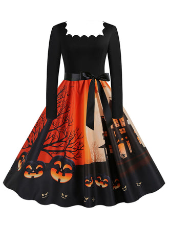 She slips into this 1950s Halloween Patchwork Long Sleeves Dress and suddenly it's a 1950s daydream