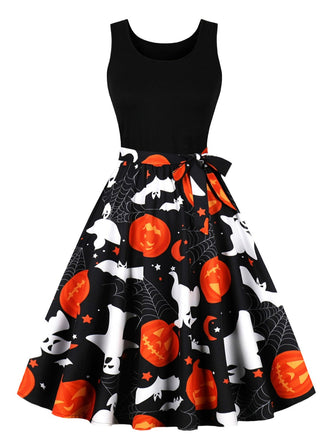 She slips into this 1950s Halloween Patchwork Sleeveless Dress and suddenly it's a 1950s daydream