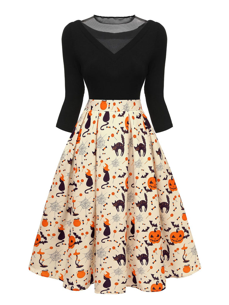 1950s Halloween Pumpkin Cat Knitted Top Patchwork Dress, vintage dress, retro fashion, rockabilly, pin-up fashion - perfect for women who love vintage and retro fashion