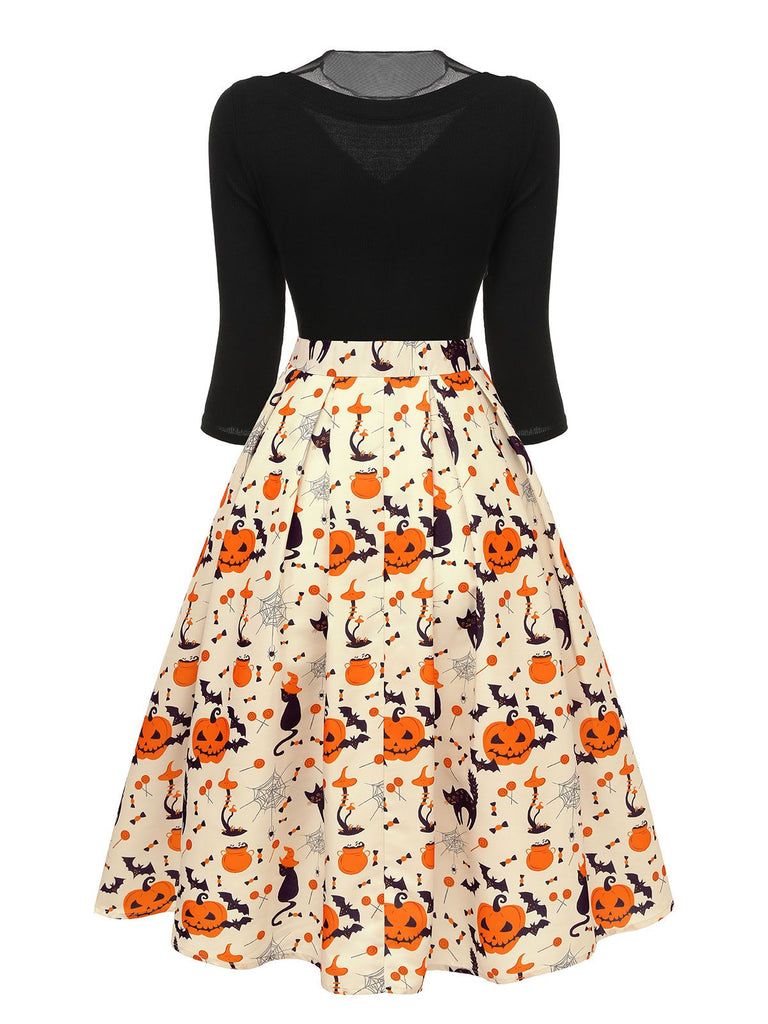 1950s Halloween Pumpkin Cat Knitted Top Patchwork Dress, vintage dress, retro fashion, rockabilly, pin-up fashion - perfect for women who love vintage and retro fashion