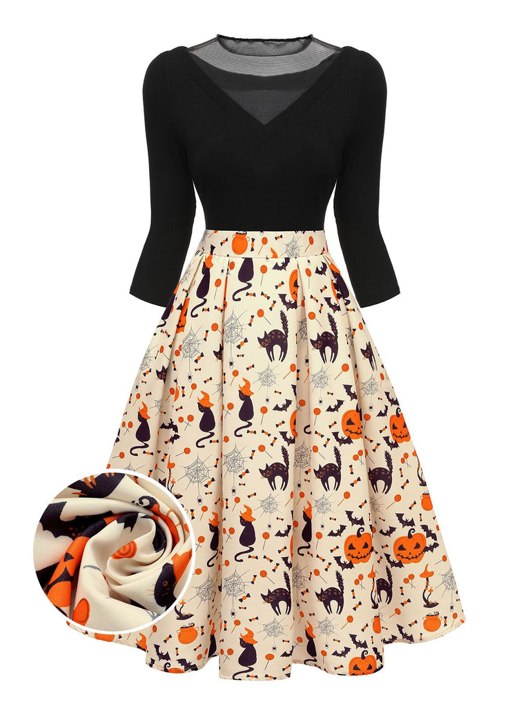 1950s Halloween Pumpkin Cat Knitted Top Patchwork Dress, vintage dress, retro fashion, rockabilly, pin-up fashion - perfect for women who love vintage and retro fashion