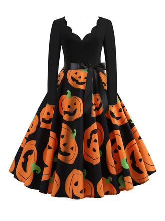 1950s Halloween Pumpkin Spiderweb Petal Neck Dress - vintage dress, retro fashion, rockabilly