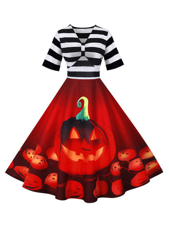 She slips into this 1950s Halloween Pumpkin Striped Patchwork Dress and suddenly it's a 1950s daydream