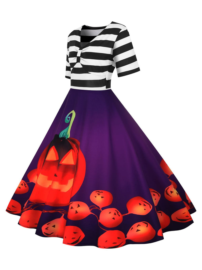 1950s Halloween Pumpkin Striped Patchwork Dress — a 1950s silhouette that turns sidewalks into runways