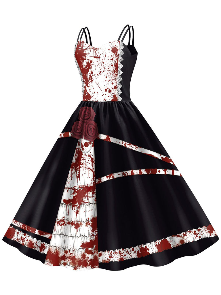 1950s Halloween Roses Blood Double Straps Dress: where 1950s romance meets her modern spirit