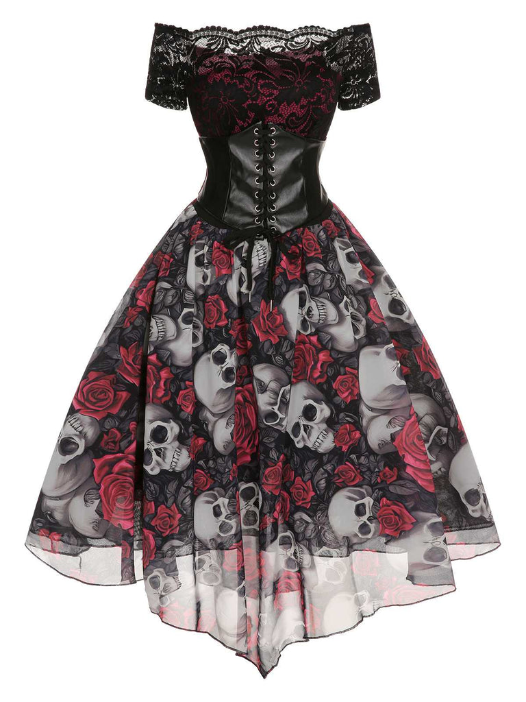 black dress skulls and roses Darlene Black Rockabilly Skull & Red Roses Swing Dress