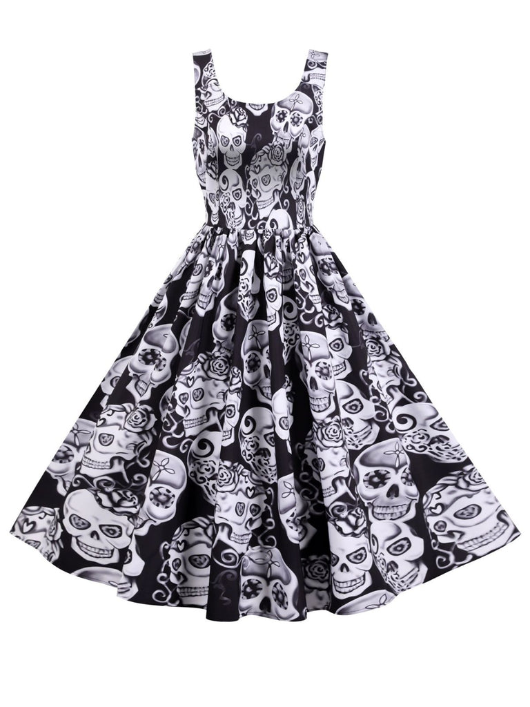 1950s Halloween Skull Sleeveless Swing Dress - vintage dress, retro fashion, rockabilly