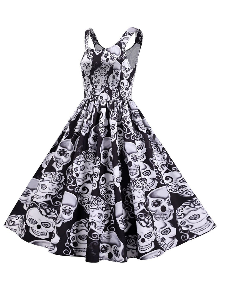 1950s Halloween Skull Sleeveless Swing Dress - vintage dress, retro fashion, rockabilly