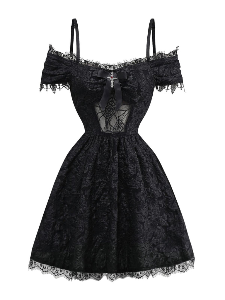 halloween mini dress Punk & Gothic Mini Dress Witch Goth Girl Lace Off Shoulder Spider web Cross Fancy Dress Women's Halloween Carnival Performance Party Adults Dress