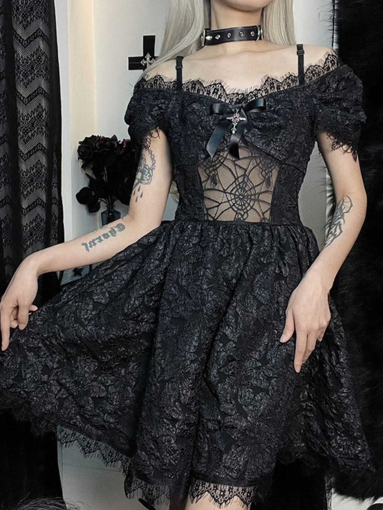 Gothic Off-the-Shoulder Lace Mini Dress with Cross Charm