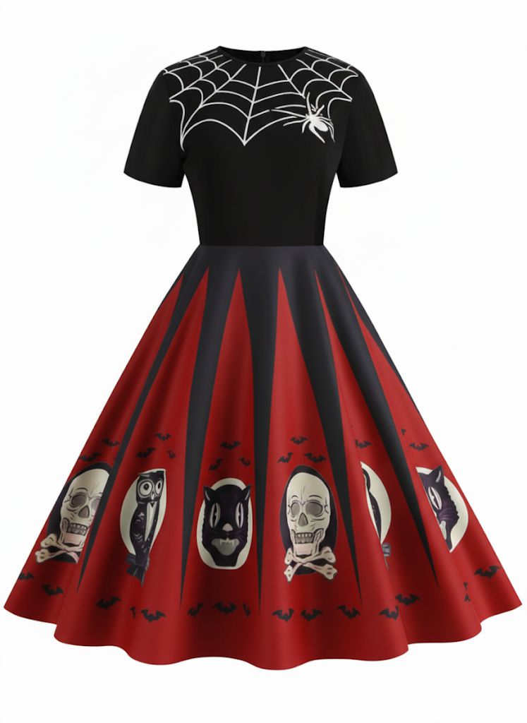 1950s Halloween Spider Web Print Patchwork Dress