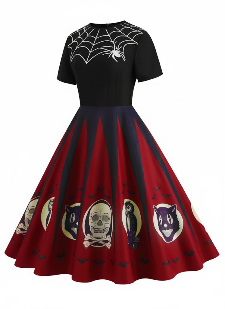 1950s Halloween Spider Web Print Patchwork Dress - vintage dress, retro fashion, rockabilly