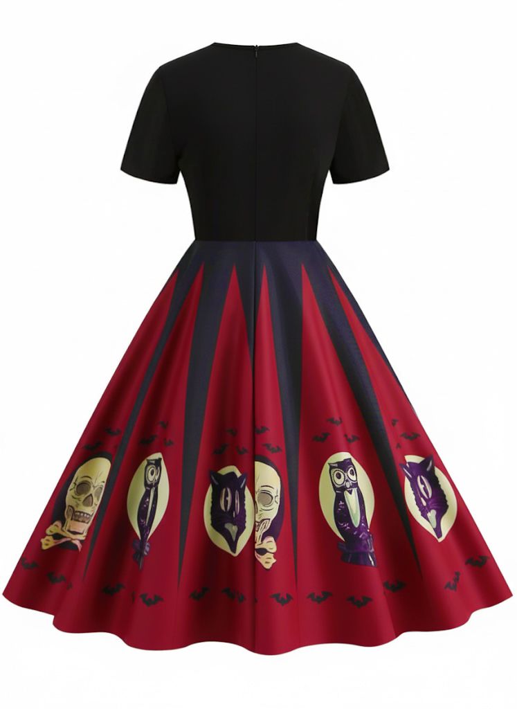 Halloween Spiderweb Skull Cat Print Vintage Swing Dress Halloween Spiderweb Skull Cat Print Vintage Swing Dress
