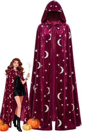 1950s Halloween Star & Moon Velvet Long Hooded Cape, vintage fashion, retro style - perfect for women who love vintage and retro fashion