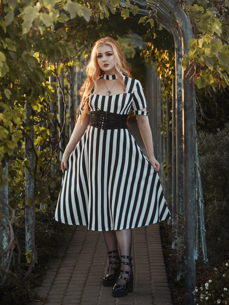 black and white striped dress vintage 70s Striped Tiered Dress, Vintage Black & White Stripes, Ruffle Neck