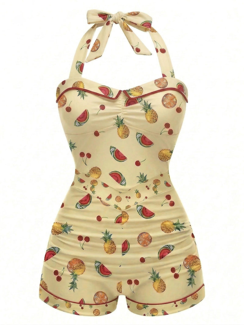 Yellow 1950s Halter Fruit One-piece Swimsuit | Retro Stage