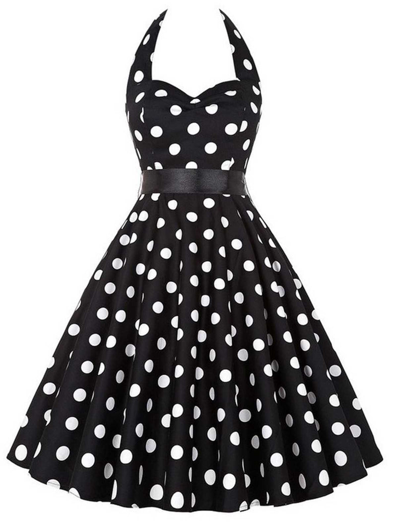 Retro Stage Vintage Women 1950s Rockabilly Swing Dress Pinup 50s Retro Polka Dots Halterneck A-Line Dresses