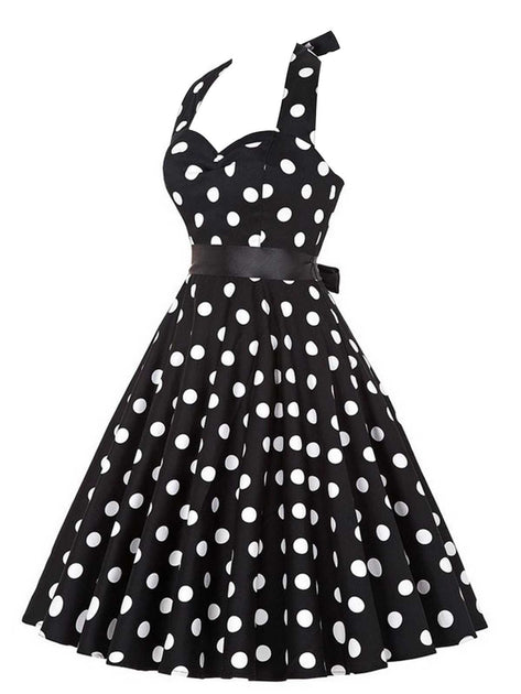 1950s Halter Contrast Polka Dots Belted Dress With Accessories Set