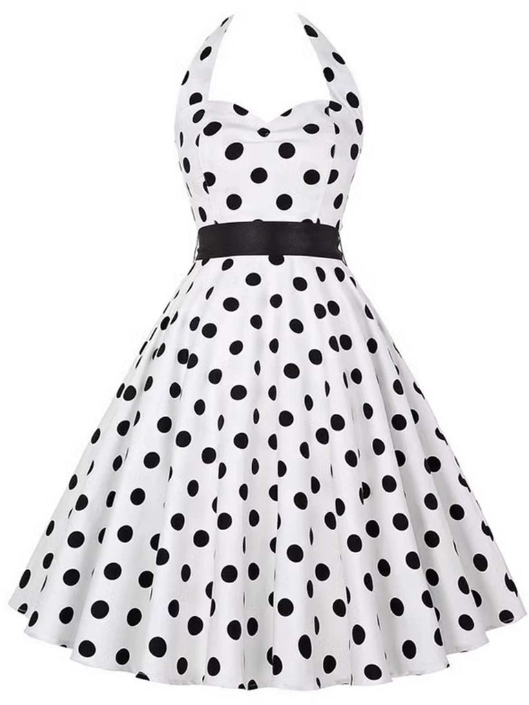 1950s Halter Contrast Polka Dots Belted Dress — the kind of 1950s dress that makes strangers smile