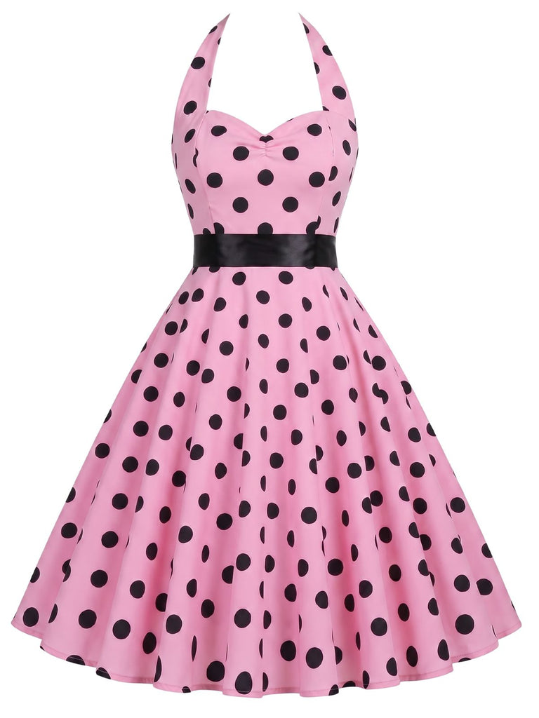 [Pre-Sale] Pink 1950s Halter Contrast Polka Dots Belted Dress