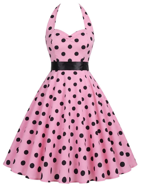 pink dress polka dots Retro Stage Polka Dots Halter Contrast Belted Swing Rockabilly Dress Pin up Style Pink