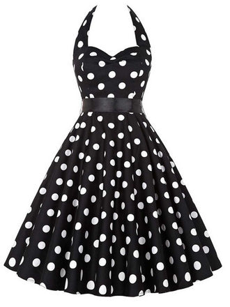 She slips into this 1950s Halter Contrast Polka Dots Belted Dress and suddenly it's a 1950s daydream