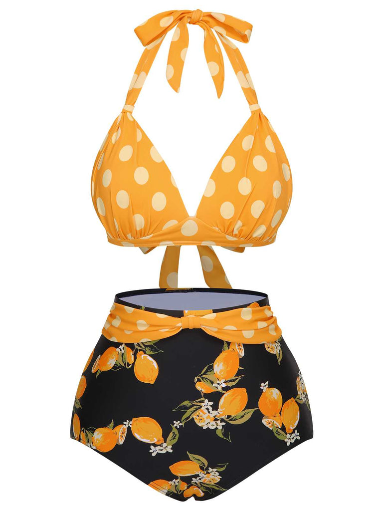 She's wearing 1950s Halter Contrast Polka Dots Swimsuit and the whole beach remembers the 1950s