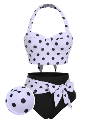 She's wearing 1950s Halter Contrast Polka Dots Swimsuit and the whole beach remembers the 1950s