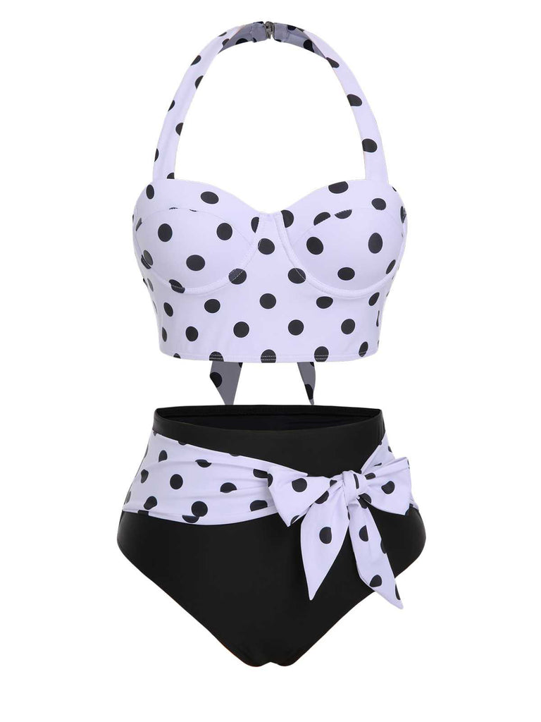 1950s Halter Contrast Polka Dots Swimsuit: 1950s Riviera elegance, reimagined for her